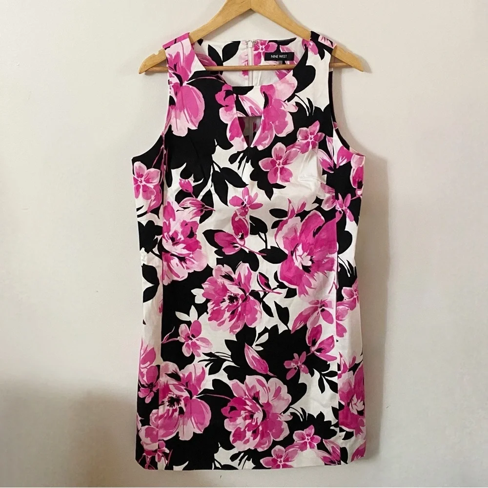 Nine West Black & Pink Floral Sleeveless Summer Shift Cocktail Dress w Pockets - Picture 7 of 12